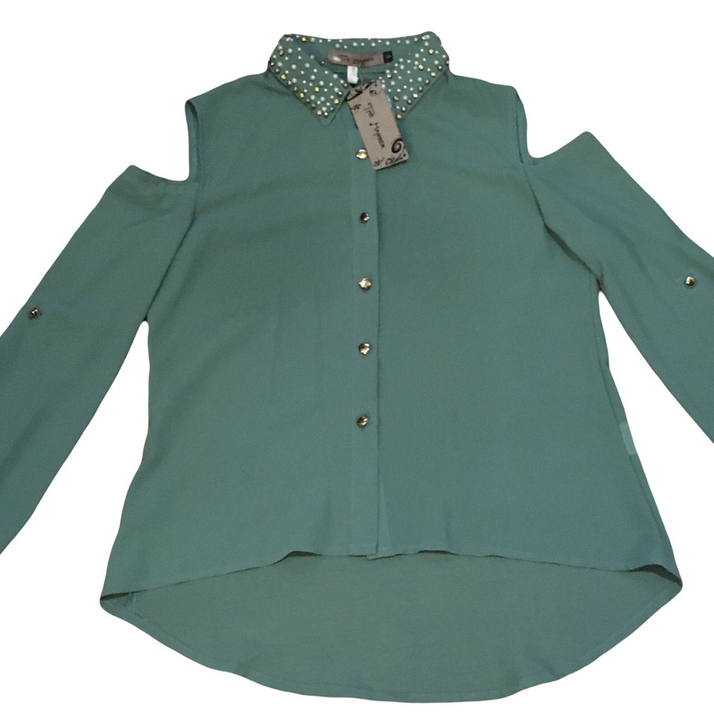 The Hanger SMALL Teal shirt top blouse Jeweled collar Buttons Long Open shoulder - Picture 4 of 8